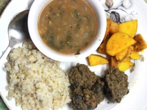 Read more about the article A Vegan Meal – Khatte Aloo (Sour potatoes)Masala Baingan (eggplant) Tomato Dal,Brown Rice.